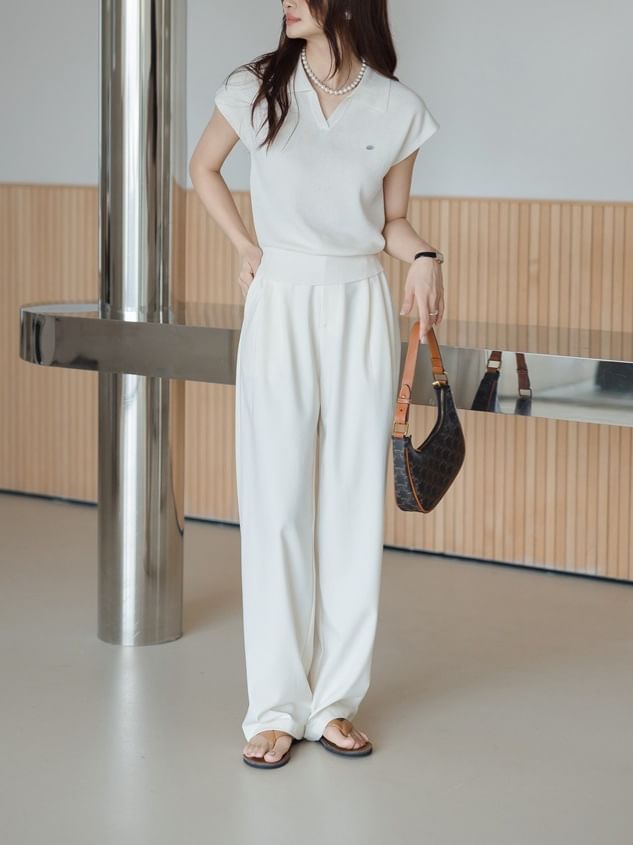 Collared Top Plain Cap-Sleeve V-Neck Crop Knit
