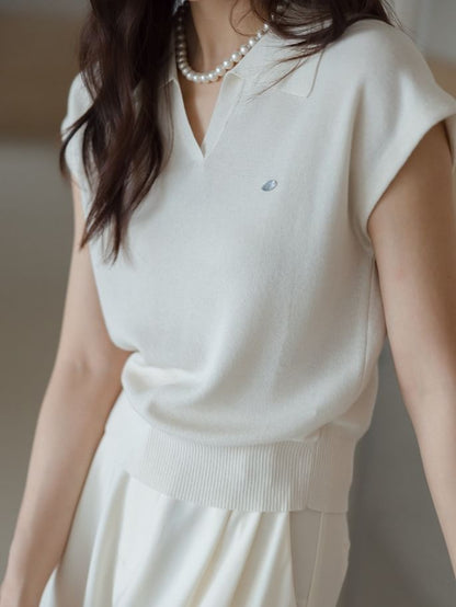 Cap-Sleeve V-Neck Collared Plain Crop Knit Top