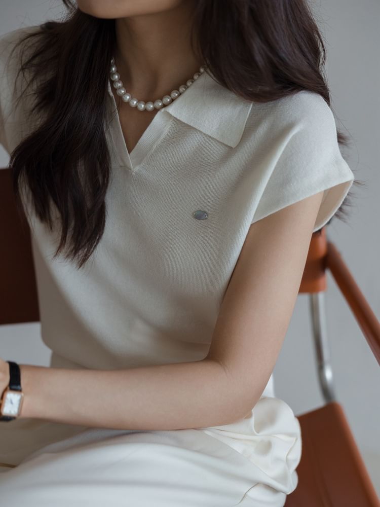 Collared Top Plain Cap-Sleeve V-Neck Crop Knit