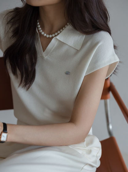 Collared Top Plain Cap-Sleeve V-Neck Crop Knit