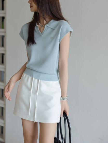 Collared Top Plain Cap-Sleeve V-Neck Crop Knit