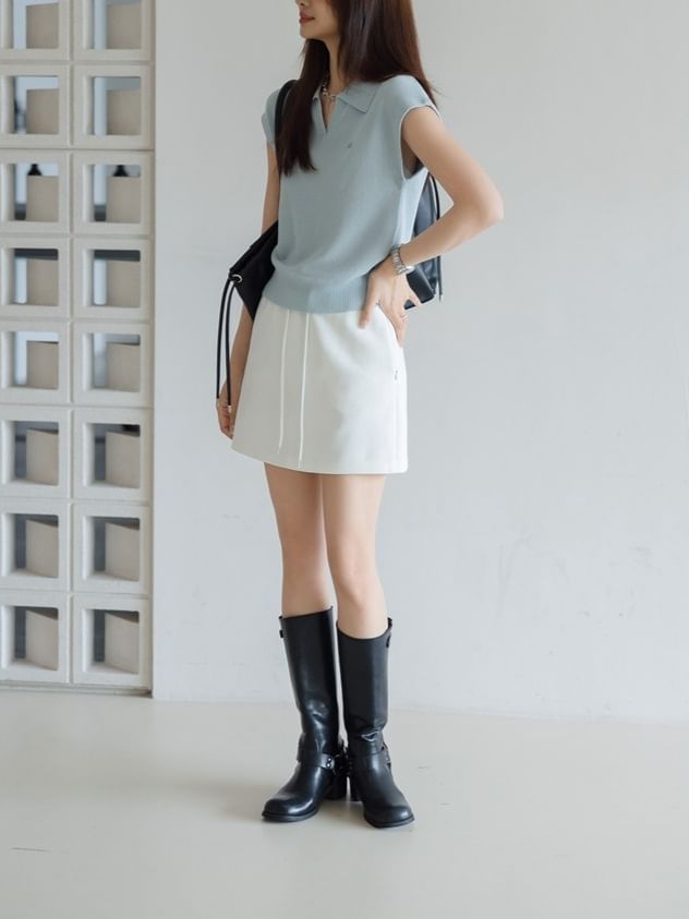 Collared Top Plain Cap-Sleeve V-Neck Crop Knit