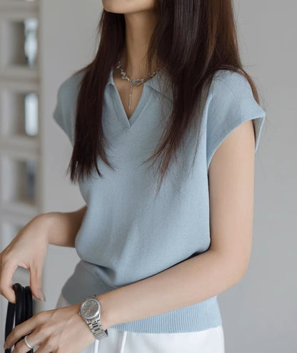 Collared Top Plain Cap-Sleeve V-Neck Crop Knit