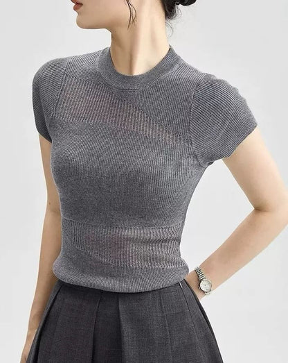 Top Plain Panel Neck Sheer Round Cap-Sleeve Knit