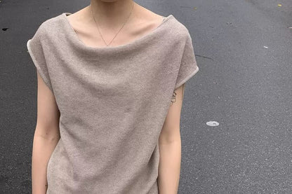 Knit Off-Shoulder Top Plain Short-Sleeve