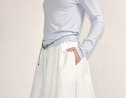 Plain Elastic Midi Skirt Paperbag Waist