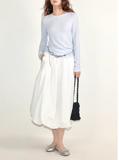 Plain Elastic Midi Skirt Paperbag Waist