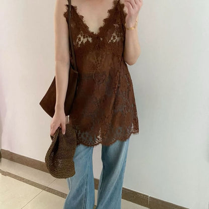 V-Neck Cami Strap Spaghetti Plain Lace Top
