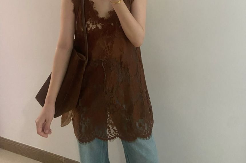 V-Neck Cami Strap Spaghetti Plain Lace Top