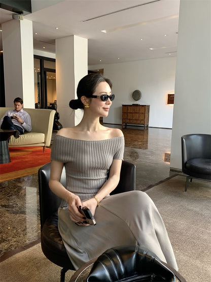 Shoulder Ribbed Short-Sleeve Knit Plain Off Top