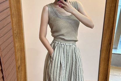 Wide High Plain Waist Leg Striped Pants