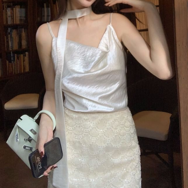 Neck Strap Top Cowl Plain Camisole Spaghetti