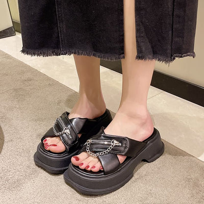 Sandals Zipped Heel Slide Platform Chain Cross Strap Chunky Detail