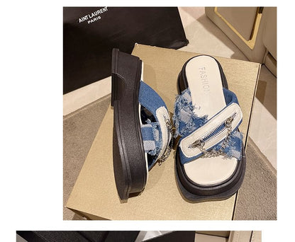 Sandals Zipped Heel Slide Platform Chain Cross Strap Chunky Detail