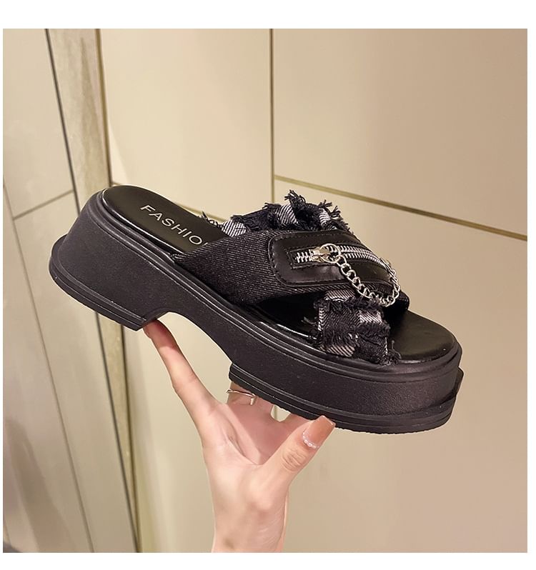 Sandals Zipped Heel Slide Platform Chain Cross Strap Chunky Detail