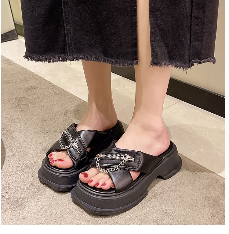 Sandals Zipped Heel Slide Platform Chain Cross Strap Chunky Detail