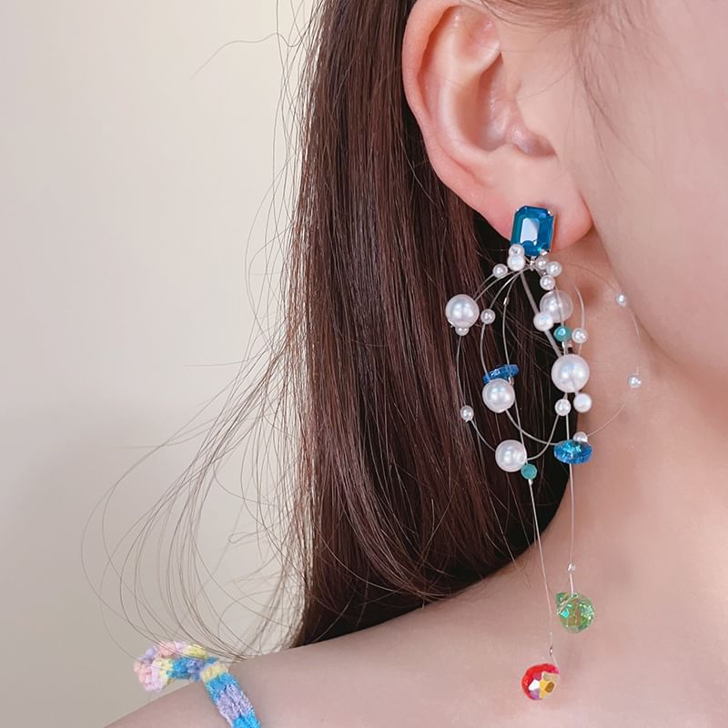 Drop Rhinestone Pearl Faux Earring