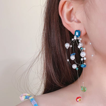 Drop Rhinestone Pearl Faux Earring