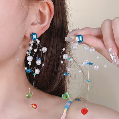 Drop Rhinestone Pearl Faux Earring