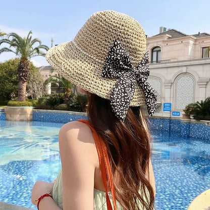 Bow Faux Pearl Straw Bucket Hat