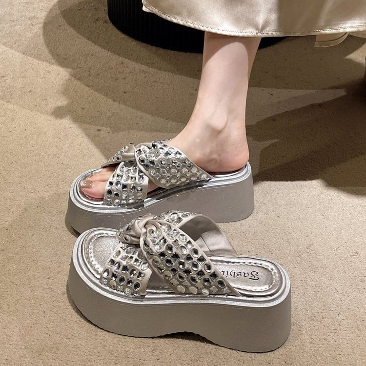 Rhinestone Cross Strap Platform Sandals