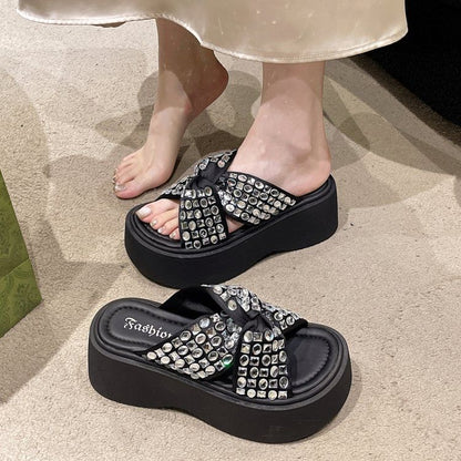 Rhinestone Cross Strap Platform Sandals