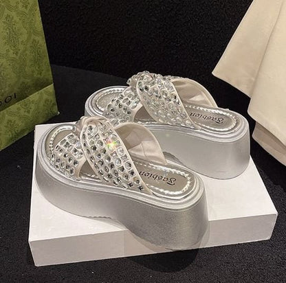 Rhinestone Cross Strap Platform Sandals