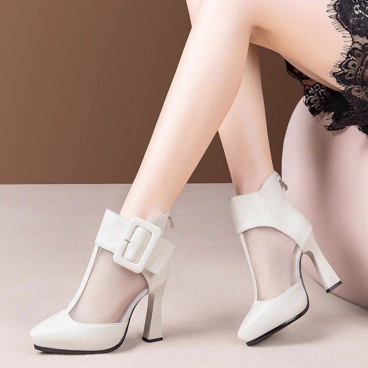 Panel Short Boots Mesh Toe Buckled Platform Pointed