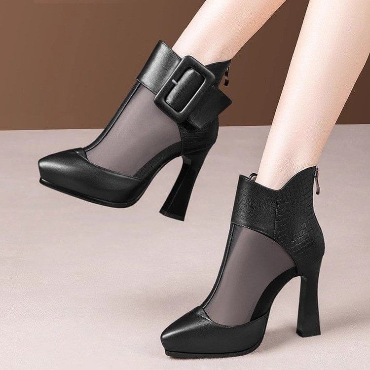 Panel Short Boots Mesh Toe Buckled Platform Pointed