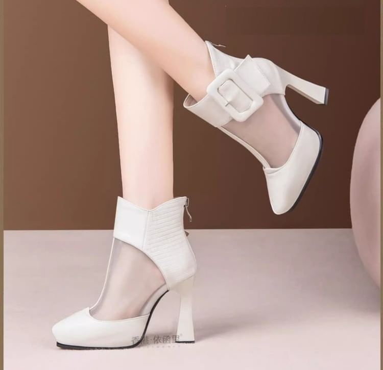 Panel Short Boots Mesh Toe Buckled Platform Pointed