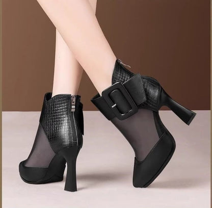 Panel Short Boots Mesh Toe Buckled Platform Pointed