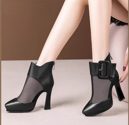 Panel Short Boots Mesh Toe Buckled Platform Pointed