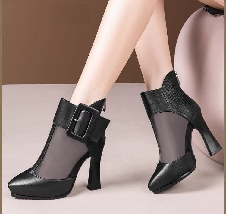 Panel Short Boots Mesh Toe Buckled Platform Pointed