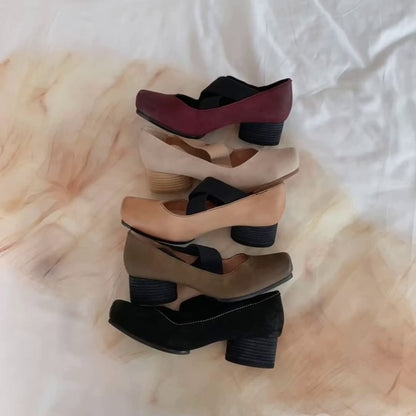 Square Toe Cross Strap Chunky Heel Mary Jane Pumps