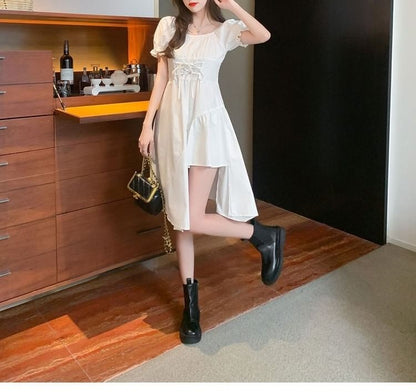 Asymmetrical Short-Sleeve Dress Neck Square Plain A-Line