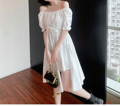 Asymmetrical Short-Sleeve Dress Neck Square Plain A-Line