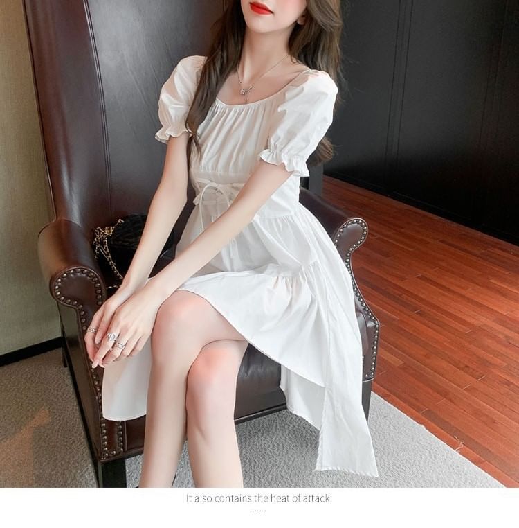 Asymmetrical Short-Sleeve Dress Neck Square Plain A-Line
