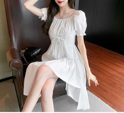 Asymmetrical Short-Sleeve Dress Neck Square Plain A-Line