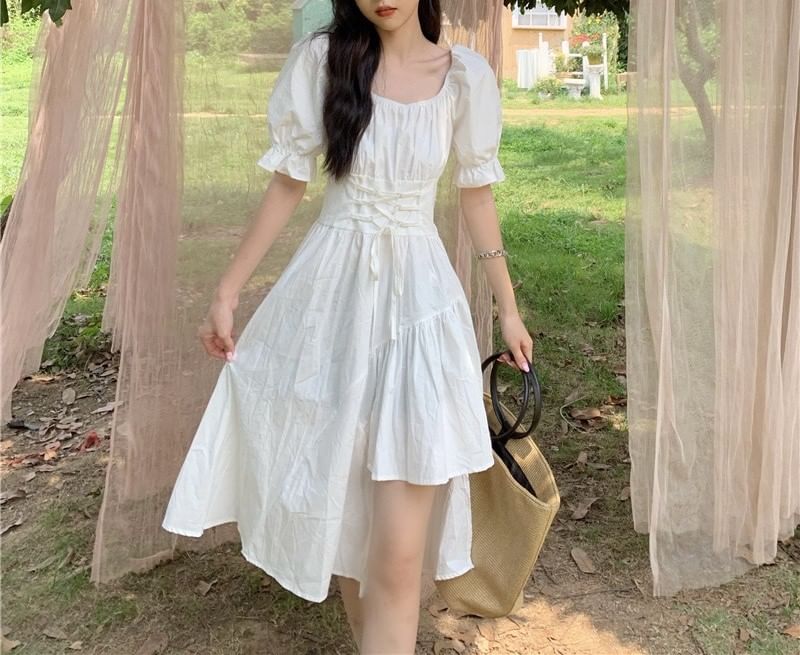 Asymmetrical Short-Sleeve Dress Neck Square Plain A-Line