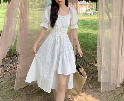 Asymmetrical Short-Sleeve Dress Neck Square Plain A-Line