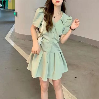 A-Line Plain Dress Short-Sleeve V-Neck Button-Up Mini