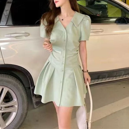 A-Line Plain Dress Short-Sleeve V-Neck Button-Up Mini