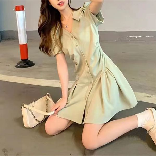 A-Line Plain Dress Short-Sleeve V-Neck Button-Up Mini