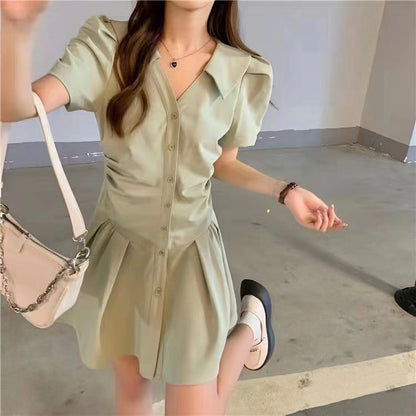 A-Line Plain Dress Short-Sleeve V-Neck Button-Up Mini