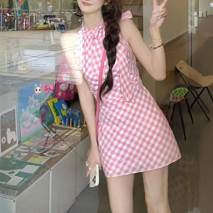 Sleeveless Mini Plaid Dress A-Line