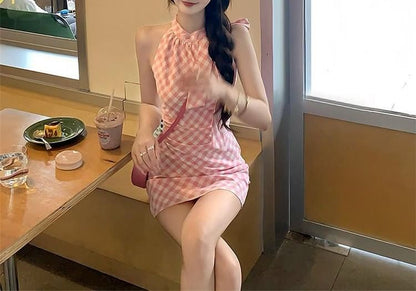 Sleeveless Mini Plaid Dress A-Line