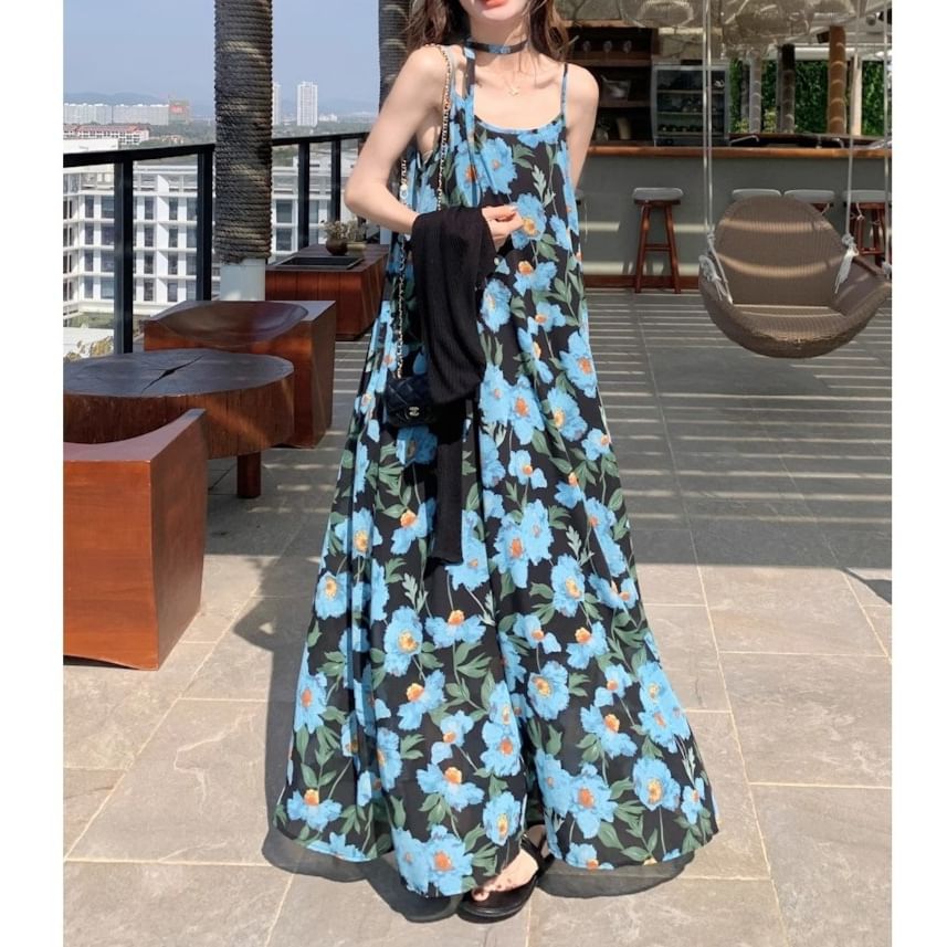 Dress A-Line Scoop Maxi Strap Print Spaghetti Neck Floral