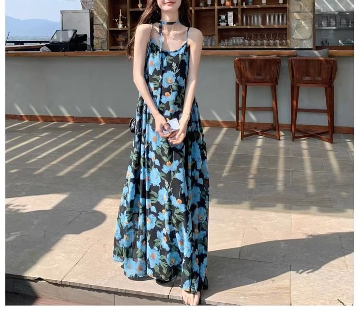 Dress A-Line Scoop Maxi Strap Print Spaghetti Neck Floral