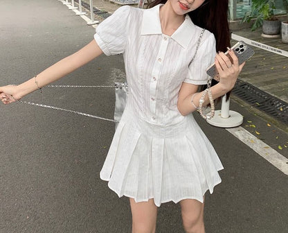 Mini Pleated Shirt Dress Short-Sleeve Plain