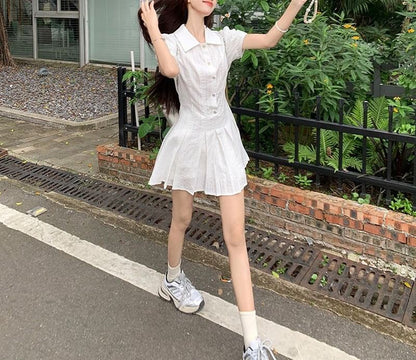 Mini Pleated Shirt Dress Short-Sleeve Plain